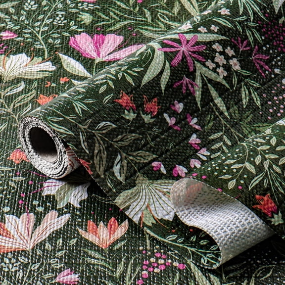 Green Floral Shelf Liner for Kitchen Non-Adhesive 12IN x 10FT