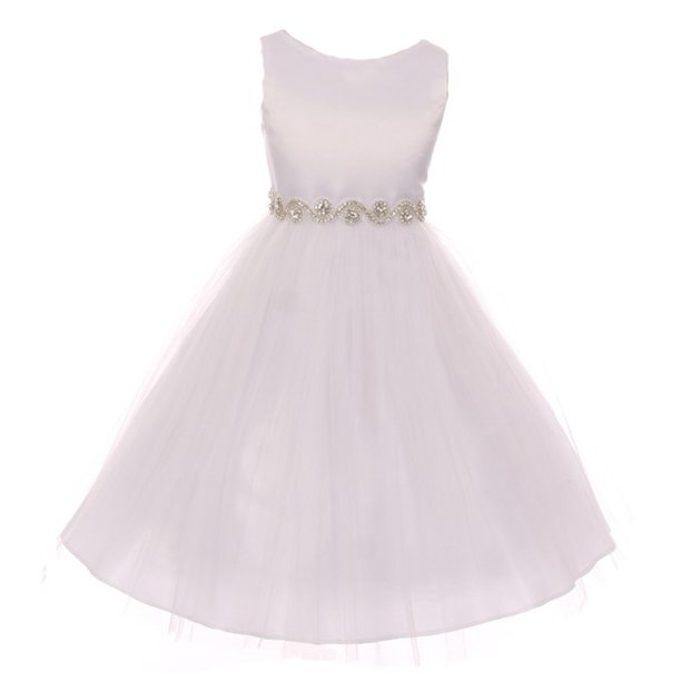 Little Girls White Twist Rhinestone Satin Tulle Flower Girl Dress
