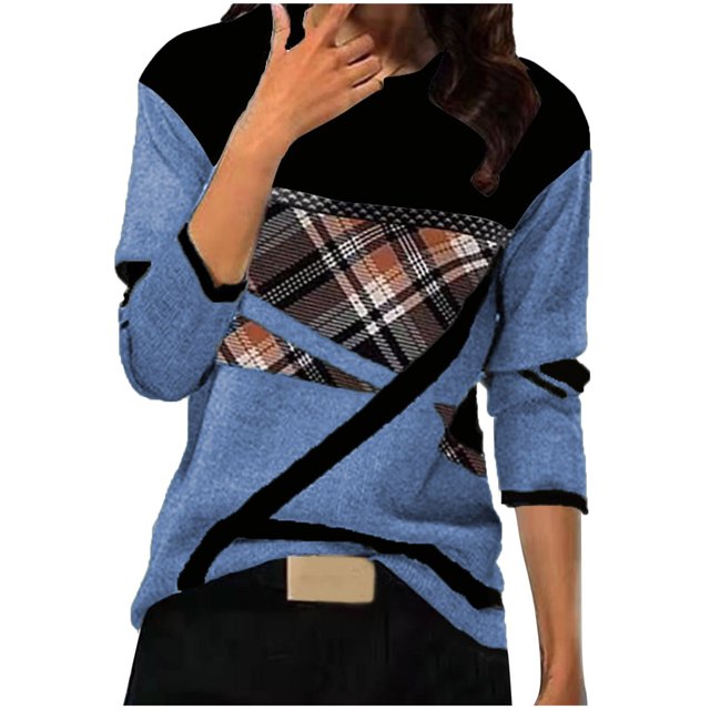 Pompotops Femmes Géométrique Imprimé Col Rond Patchwork Pull Manches Longues T-shirt Tops
