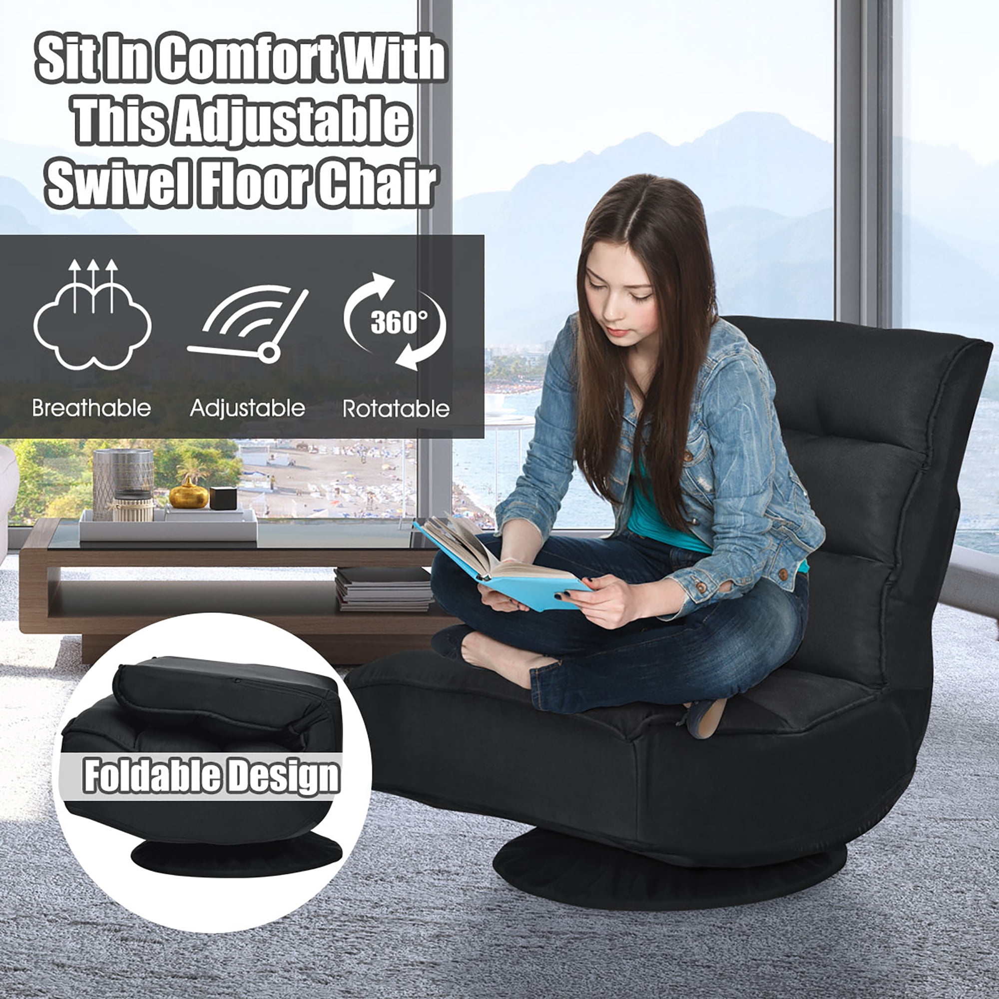 Costway Gaming Chair Fabric 6-Position Folding Lazy Sofa 360 Degree Swivel Black