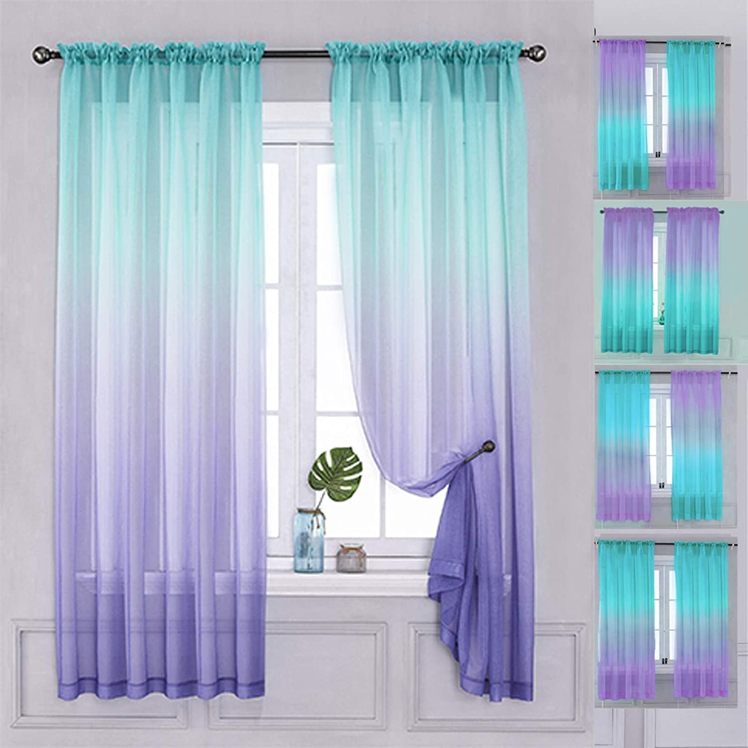 Visland 2 Panel Bedroom Curtains 78 inch Length Sheer Curtain Rod Pocket Drapes for Girls Living Room Mermaid Bedroom Nursery Kid Window Decor
