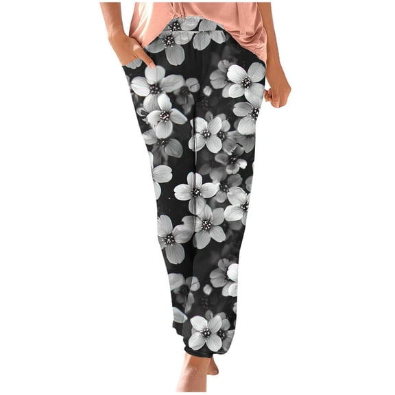 Taqqpue Women Floral Pants Casual Printed Elastic Waist Drawstring Pants Loose Fit Plus Size Trousers for Women