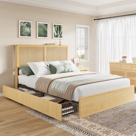 Queen Size Bohemian Rattan Bed Frame with Drawers & Natural Rattan Headboard, LED Lighting, Sturdy Wood Silent Slats, No Box Spring Required – Modern Bedroom Furniture