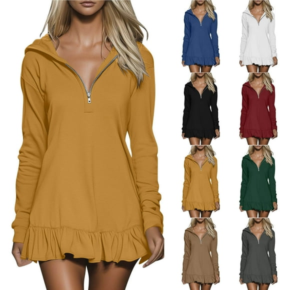 Mrzvby Long Sleeve Hooded Dresses For Women Casual Loose Zip Mock Neck Fall Dress Solid Color Short Dress Casual Mid-Length Sports Dresses