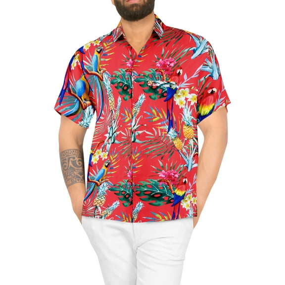 LA LEELA Men's Hawaiian Shirts Short Sleeve Button Down Shirt Pineapple Shirt Men Holiday Aloha Beach Summer Party Shirts for Men Funny M Tropical Parrots, Red