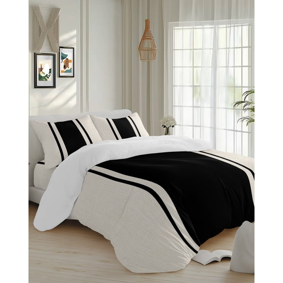 4 Piece Duvet Cover Set Cal king, Vintage Black Line Soft Breathable Bedding Set with Pillow Shams Flat Sheet, Geometric Striped on Linen Bed Comforter Cover Sets