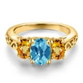 thumbnail image 3 of Gem Stone King 18K Yellow Gold Plated Silver Swiss Blue Topaz and Yellow Sapphire Filigree Style 3 Stone Ring for Women (2.53 Cttw, Oval 8X6MM and 6X4MM) (Size 9), 3 of 6