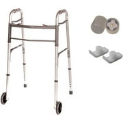 Healthline Walker Folding Deluxe 2 Button with Front 5" Wheels, Adjustable Height (Short, Standard, Tall People) with Glides