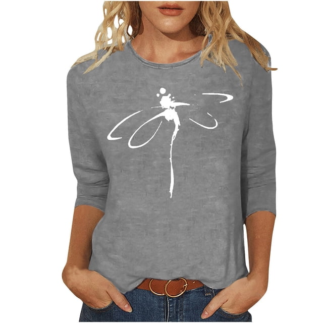 Pompotops T-shirt Mode Femme Imprimé Ample Mi-Longueur Manches 3/4 Blouse Col Rond Tops Décontractés Liquidation