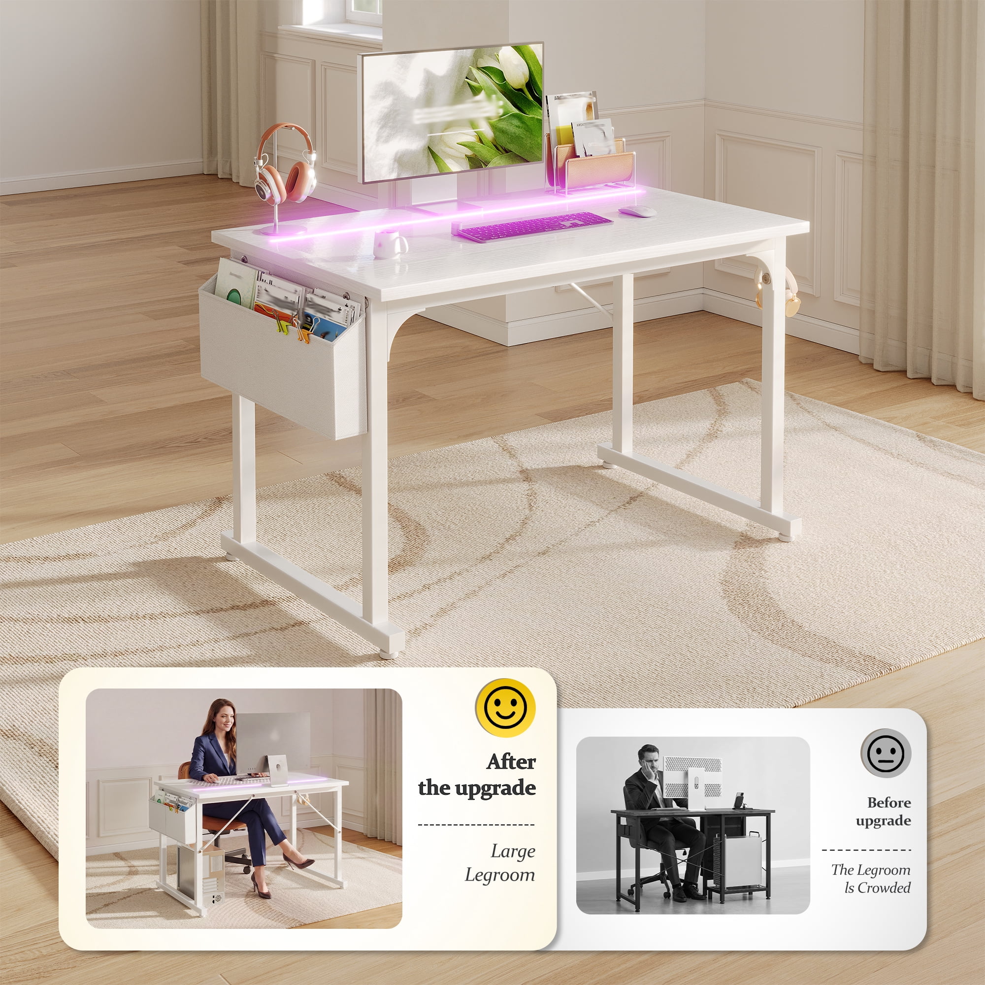 Romorgniz 40 Inch Computer Desk with LED Lights for Small Spaces, Home Office Desk with Storage Bag, Headphone Hook, White