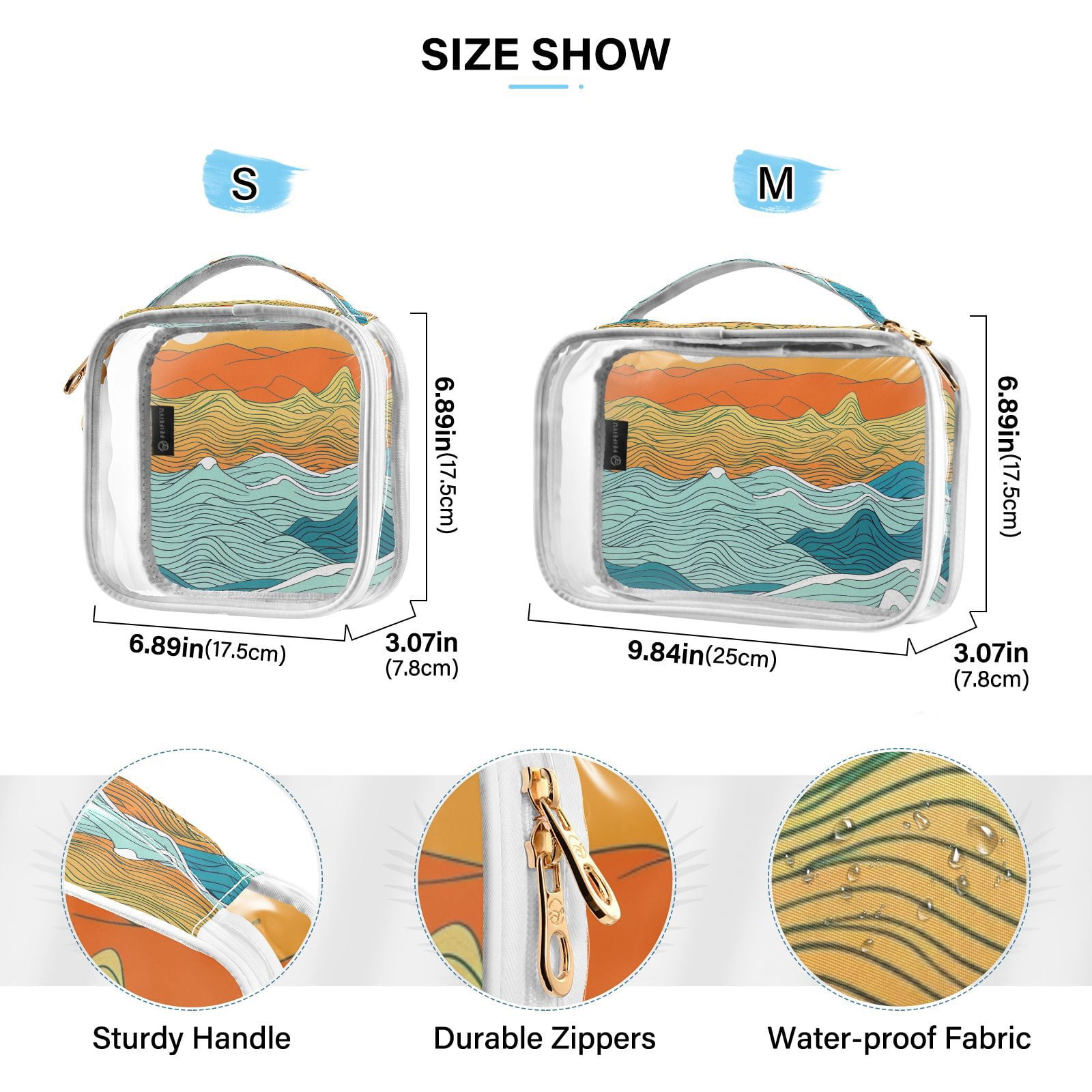 Clear Makeup Bags with Handle Large Opening 2 Pack Set Toiletry Bag Quart Size Bag, for Women Man Traveling Travel Essentials, Toiletries and Other. Hand Drawing Wave Sea