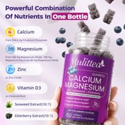 (2 Pack)Mulittea Calcium Magnesium Zinc Gummies with Vitamin D3 & Elderberry, Support Bone, Muscle & Immune Health - Blueberry - 120 Vegan Gummies