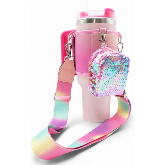 Stanley Cup Holder with Strap, Crossbody Strap for Stanley 40oz & 30oz /Hydroflask/Simple Modern, Glitter Sequin Coin Purse, Pink Stanley Cup Accessories, Fits Most 32-40oz Bottles