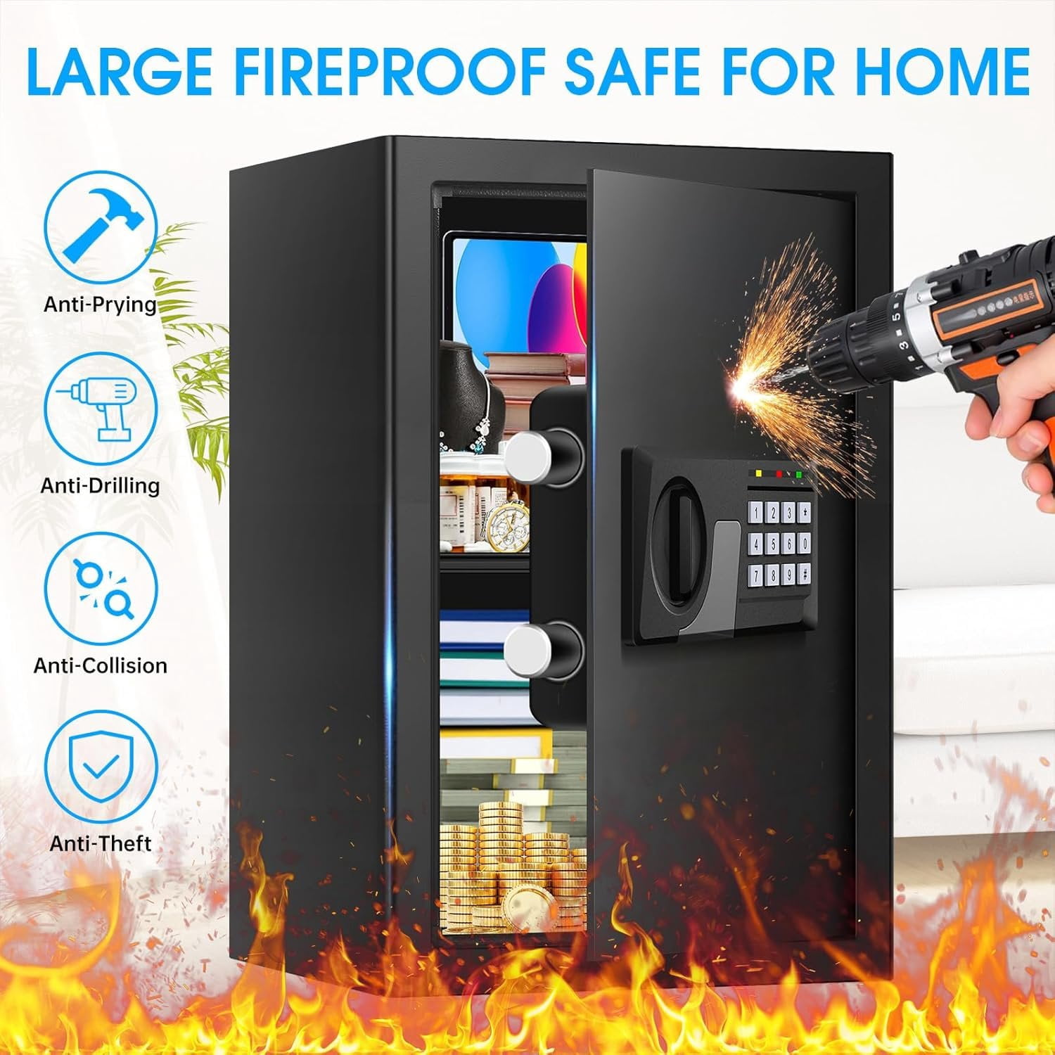 3.3 Cuft Large Fireproof Safe for ,  Safety Box Fireproof  with  Keypad and Spare , Anti- Digital  Safe for  Firearm  Valuables