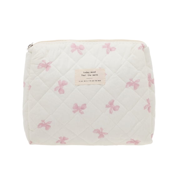 Unique Bargains 1 Piece Bow Quilting Makeup Bag with Smooth Zipper White, Pink