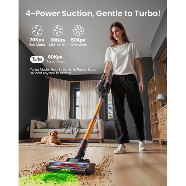 Trucozie Cordless Stick Vacuum Cleaner - 60Kpa Powerful Suction, 70min Runtime, Green LED Light, Self-Standing For Pet Hair & Hard Floors