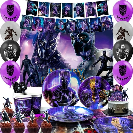 Black Panther Party Supplies, 112 Pieces Party Decoration & Tableware - Balloons Background Banner Plates and Other Black Panther Theme Party Decorations