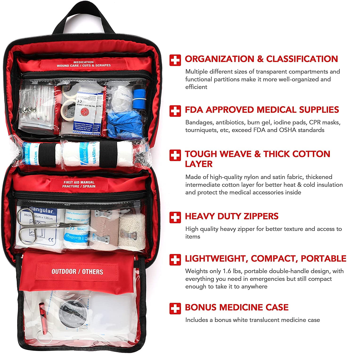 KITGO 220 Piece First Aid Kit, Premium Compact Trauma Medical Kits for Any Emergencies, Ideal for Home, Office, Car, Travel, Outdoor, Camping, Hiking, Boating (Red)