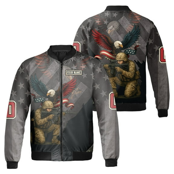 Personalized Patriotic U.S. Veteran Bomber Jacket – Tactical Soldier & Bald Eagle Design, American Flag Graphic, Custom Military Coat