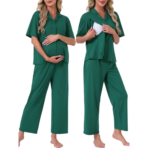 DARING DIVA Women's Maternity Nursing Pajama Sets Breastfeeding Button Down S Deep Green