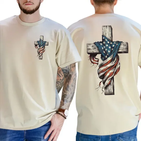 Christian Cross American Flag T-Shirt – Retro USA Patriotic Tee for 4th of July, Independence Day Shirt for Men & Women