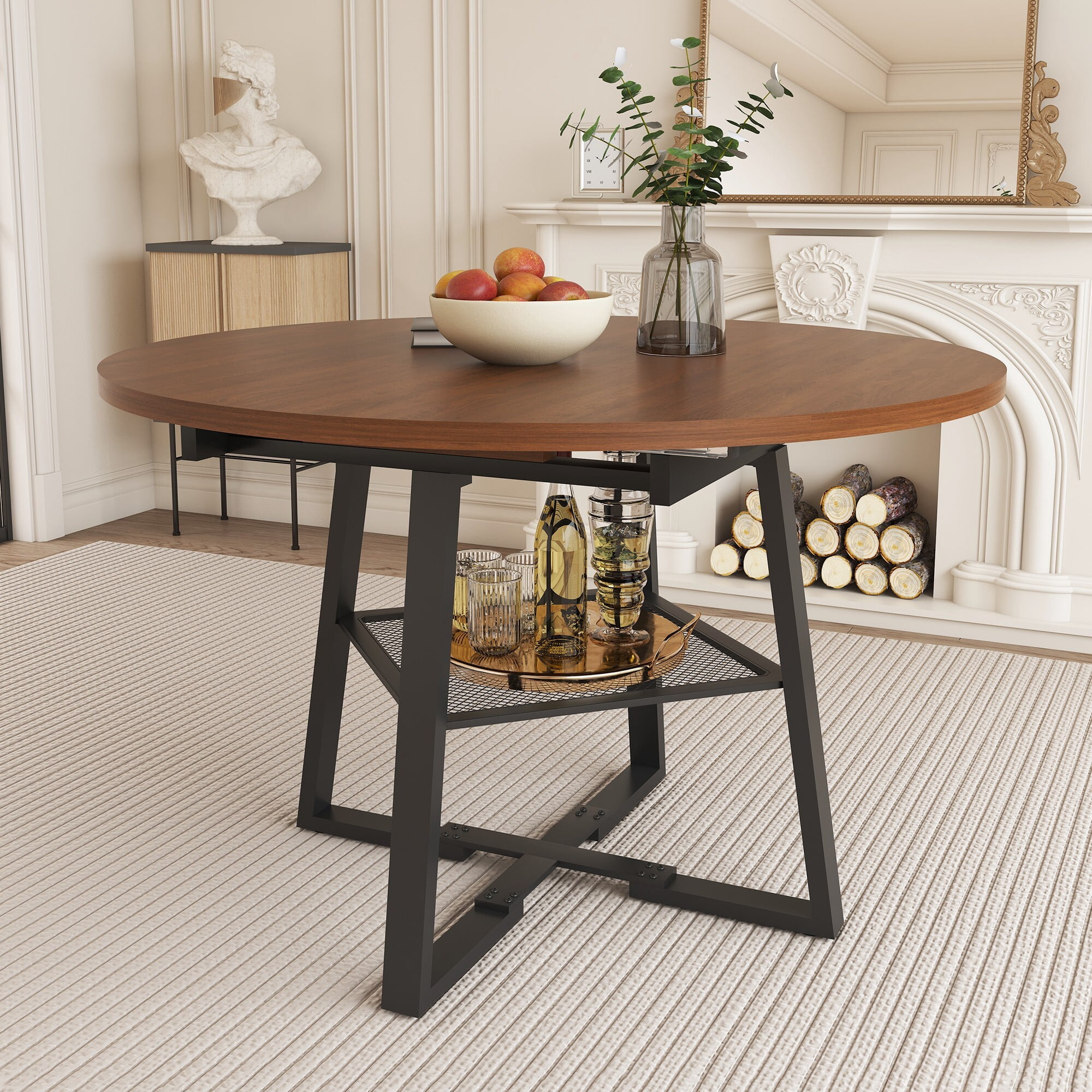 AENKYO 47-59" Extendable Round Dining Table for 4-8 People, Kitchen Table with Metal Storage Shelf, Walnut