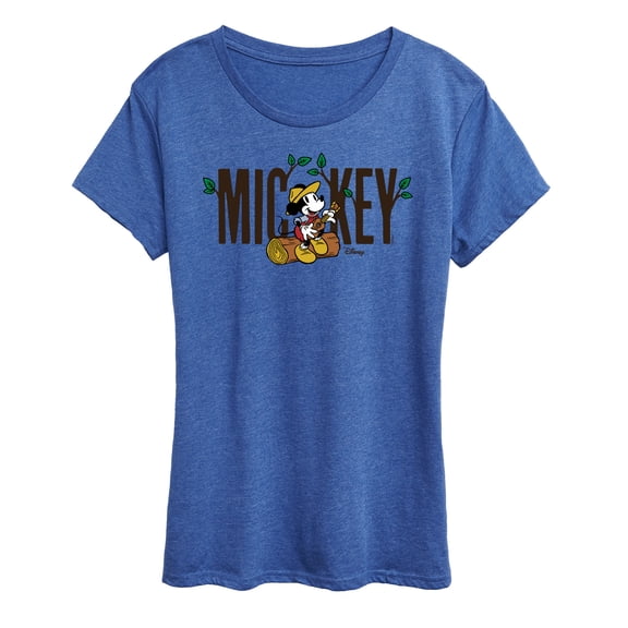 Disney - Mickey & Friends - Mickey Sits on a Log Playing Music - Camping - Women's Short Sleeve Graphic T-Shirt