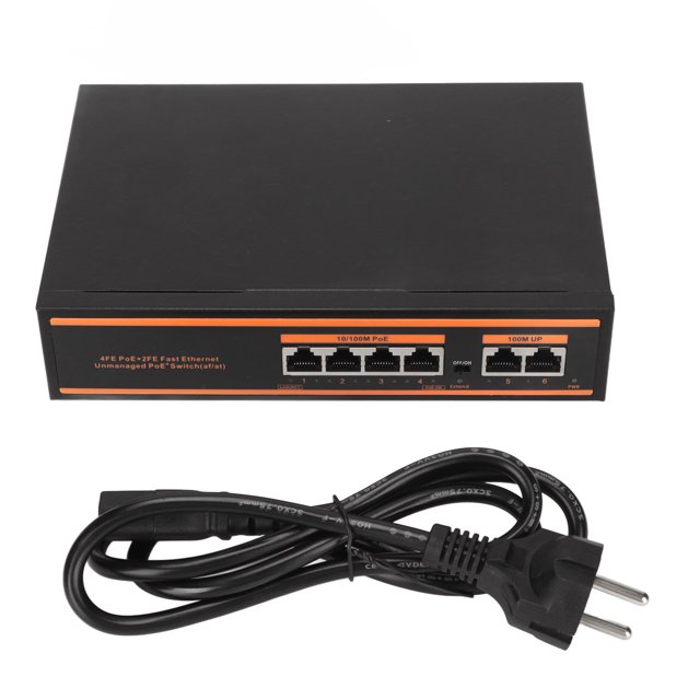 Conmutador PoE de 6 puertos, aleación de aluminio, compacto, 6 puertos, 100M, conmutador PoE, conmutador de red Ethernet, enchufe europeo de 100-240V
