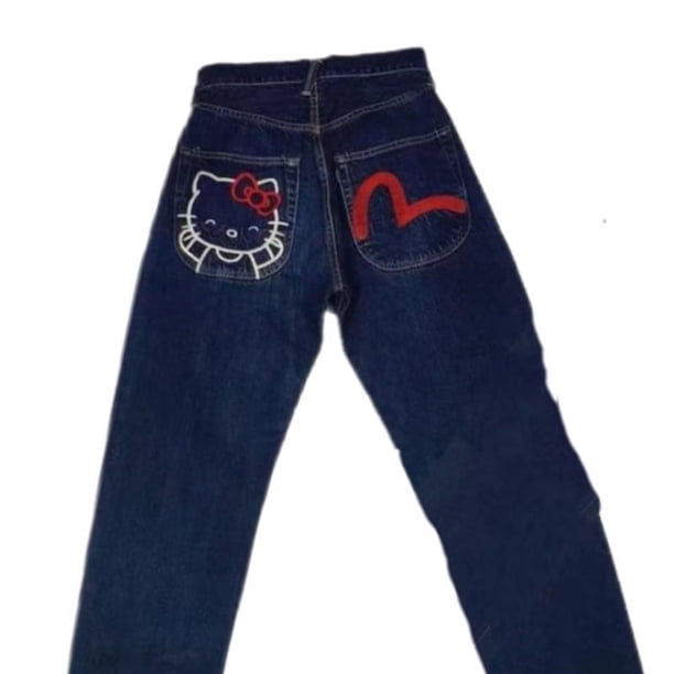 2024 Nuevos pantalones vaqueros Hello Kitty Y2k High Street Lindos pantalones vaqueros con estampado de dibujos animados Vintage Pantalones anchos casuales Pantalones sueltos para mujeres