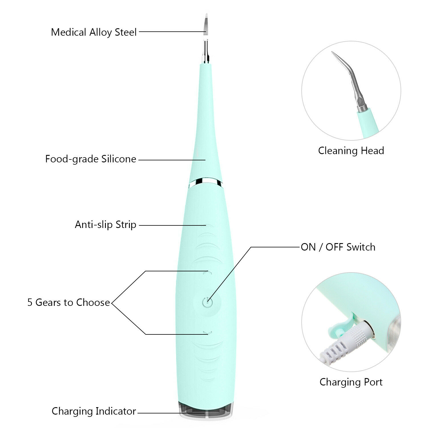 Portable Electric Sonic Dental Scaler Tooth Calculus Remove Tooth Wihtening Tool Green - image 3 of 6