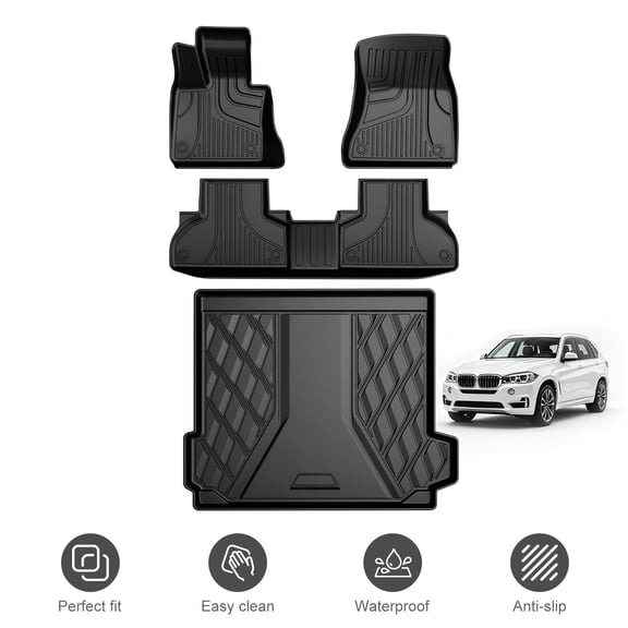 All Weather TPE Floor Mats & Cargo Liner Compatible with BMW X5 (F15) 2014-2018 Anti-Slip Full Set Interior Protection