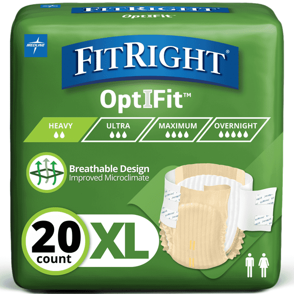 FitRight Adult Incontinence Briefs, Diapers with Tabs, Moderate Absorbency, XL, 56in to 64in, 20 Count