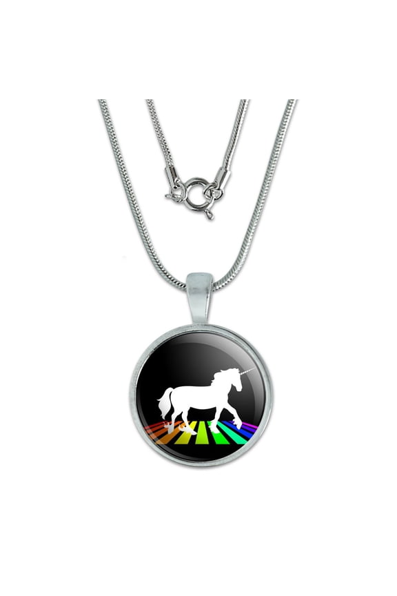 Unicorn Crossing Rainbow 0.75" Pendant with Sterling Silver Plated Chain
