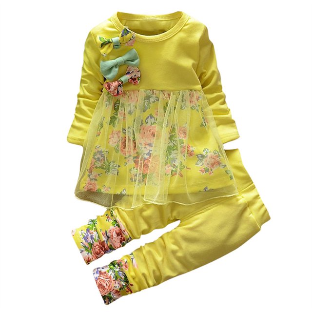 Gibobby Conjunto 2 uds de sudadera y pantalón para niños Conjunto de ropa de malla con estampado Floral para niñas pequeñas y bebés, pantalones de vestir(Amarillo, 18-24 Meses)
