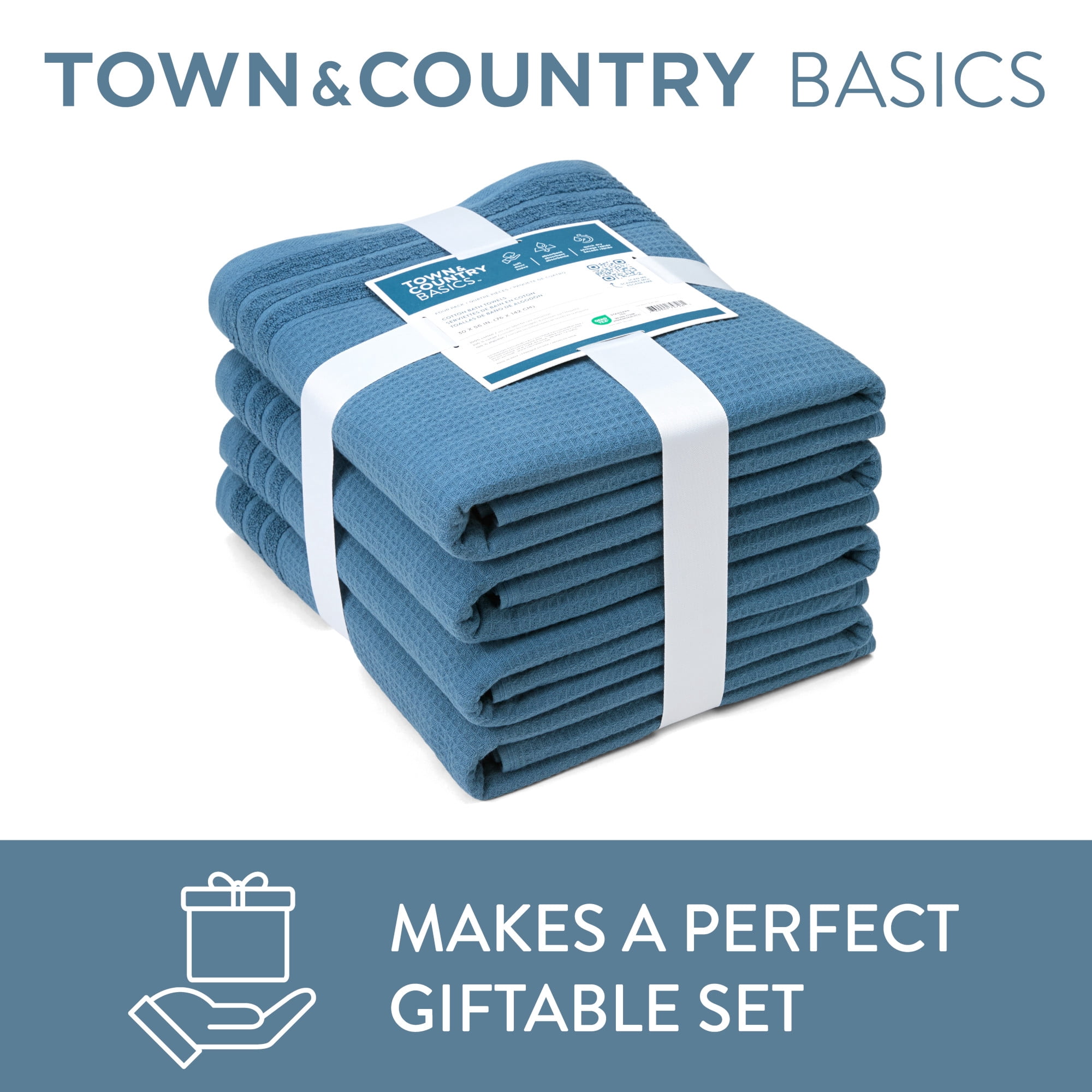 TOWN & COUNTRY BASICS 6-Piece Assorted Waffle Woven Terry Stripe Set, 2-Bath Towels, 2-Hand Towels, 2-Washcloths, 100% Cotton, Quick Dry, Blue