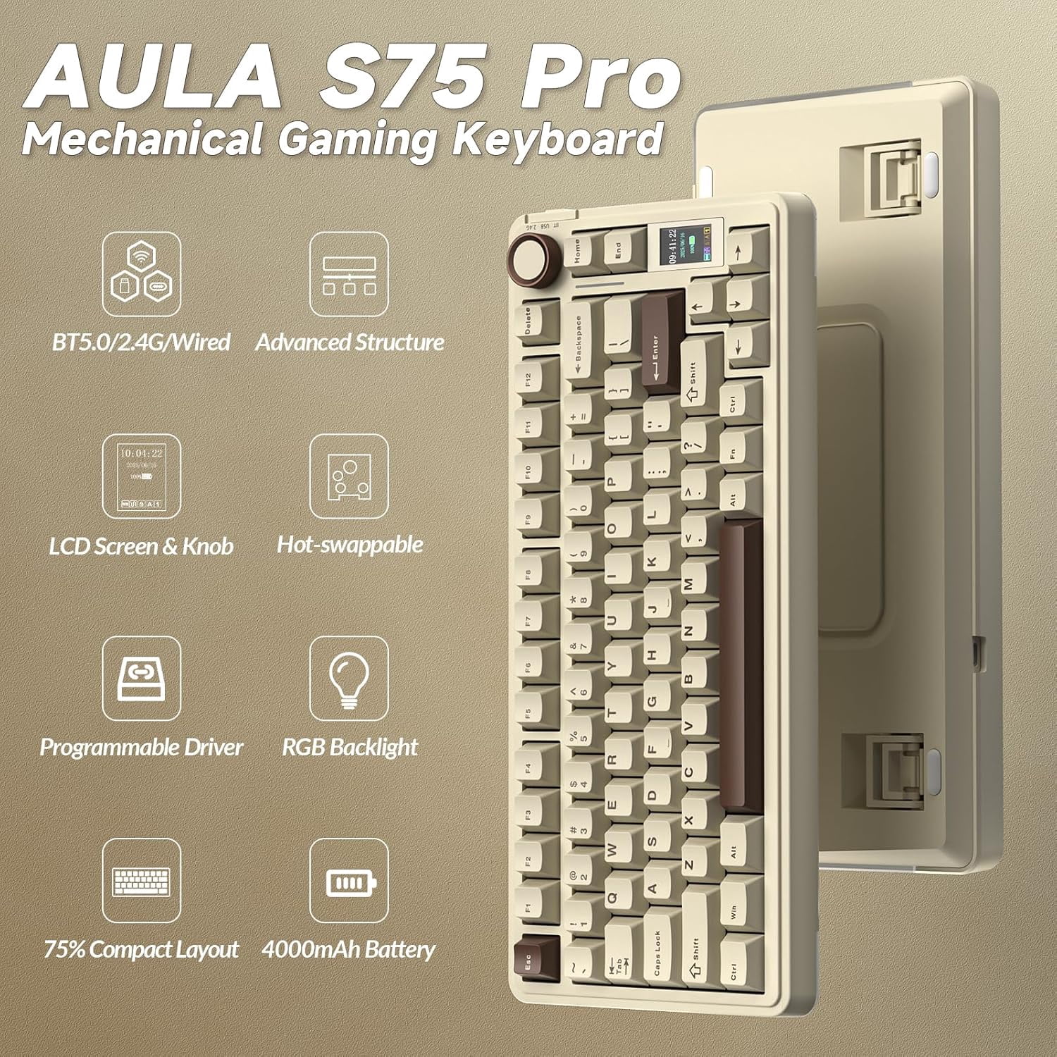 S75 PRO Wireless Mechanical with Screen&Knob, 75% Hot Swappable Gaming with Pre-lubed Switches, RGB Backlit, PBT Keycaps, Creamy Sounding Computer s