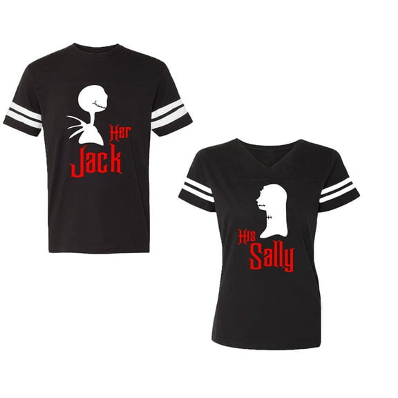 Her Jack His SallyUnisex Couple Matching Cotton Jersey style T-Shirt Contrasting stripes on sleeves (Men Black / Women Black) (Men S / Women S)