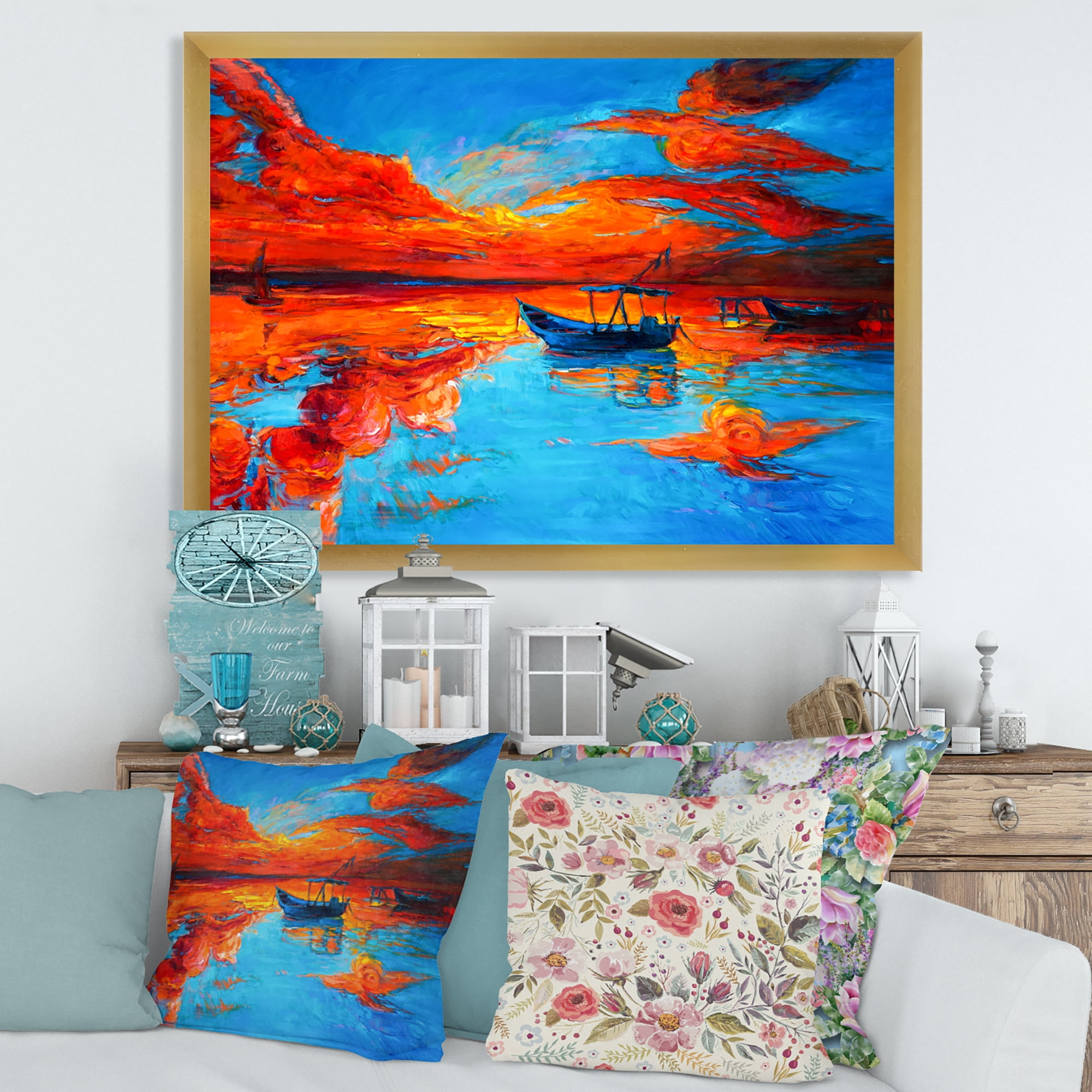 Boats During Warm Sunset Resting On The Water VI 40 in x 30 in Framed Painting Canvas Art Print, by Designart