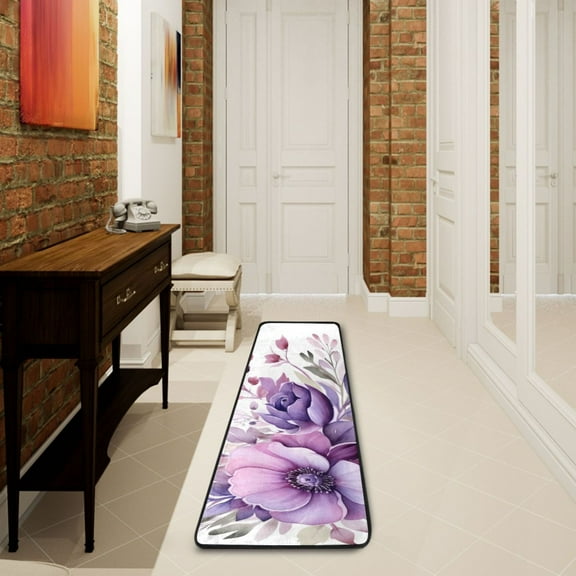 2' x 6' Modern Runner Rugs Hallway Floor Throw Carpet Flowers Purple Non Slip Entryway Mat Washable Bedroom Bathroom Kitchen