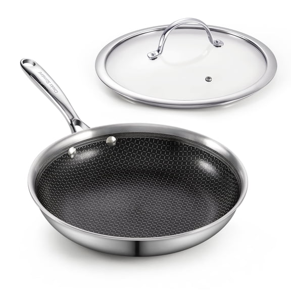 Cooks Standard Hybrid Mutli-Ply Clad 8 Inch Nonstick Frying Pan, Stainless Steel Skillet with Tempered Glass Lids, Cool Handle, Oven Safe, Compatible with All Stovetops