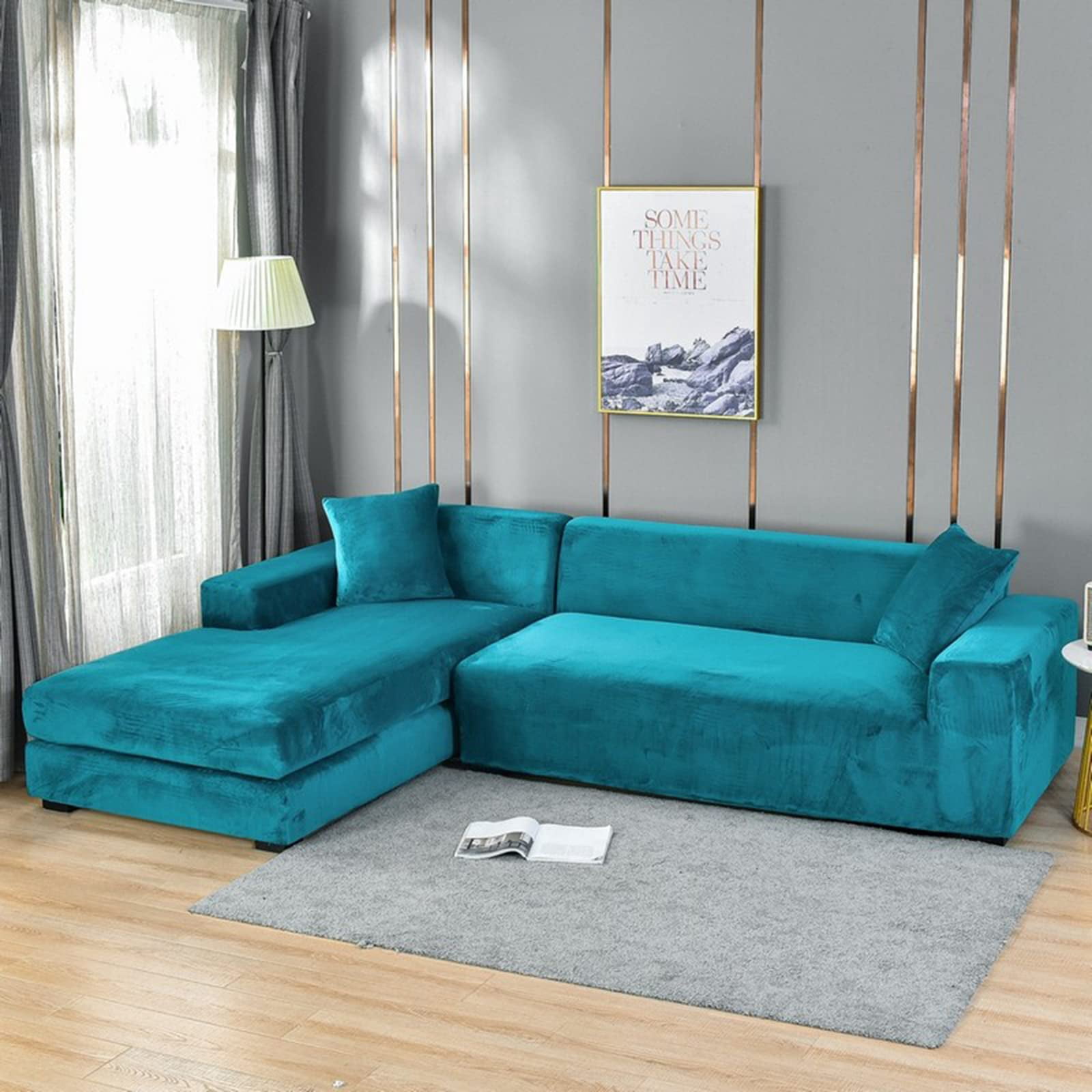 Stretch Sectional Couch Covers Velvet, L-Shaped Sofa Covers Velvet 2 Piece Soft Furniture Protector with Elastic Bottom for Dogs Cats -Light blue-4-seater + 4-Seater