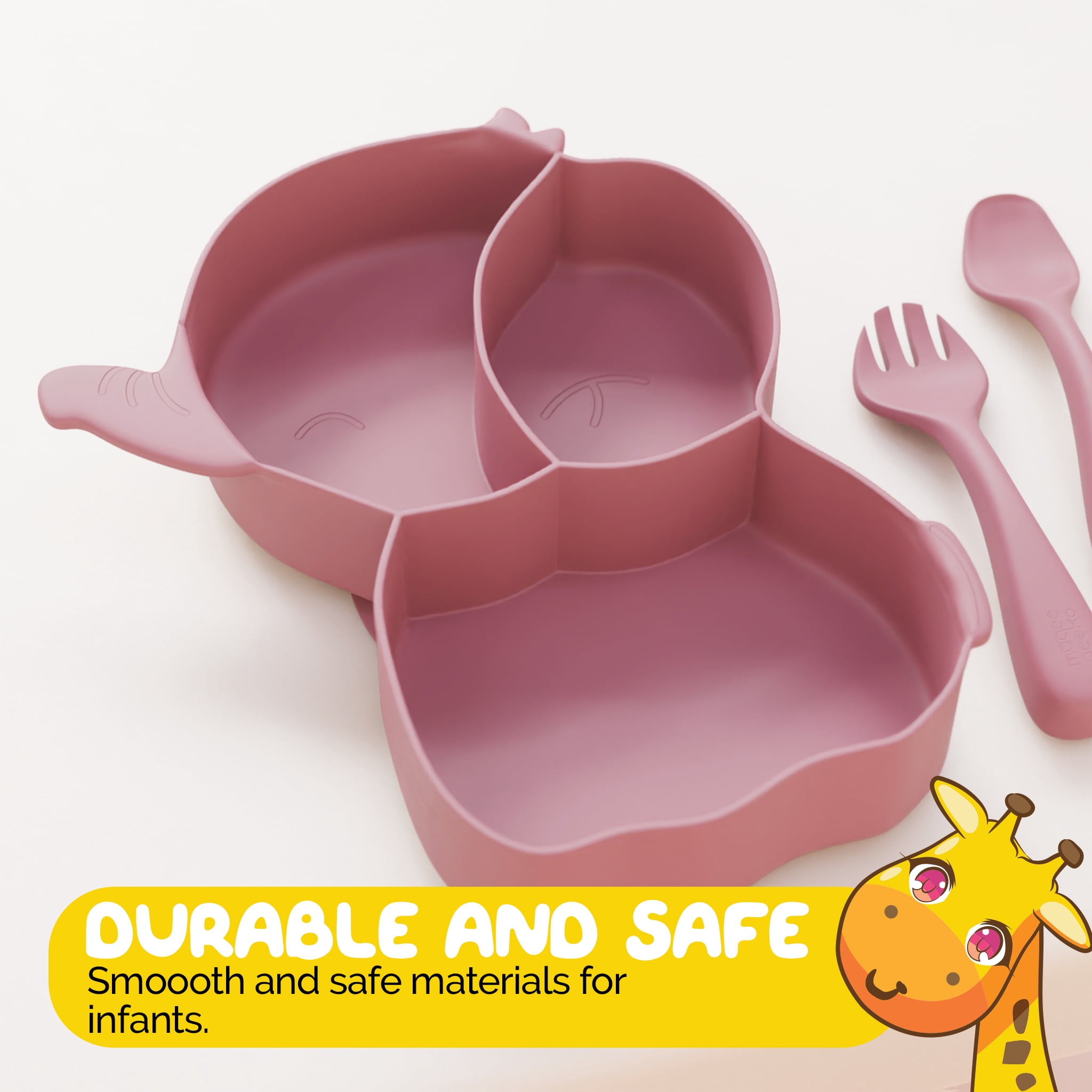 Toddler Dish Set in Pink Feeding Set for Girls by Muqee Peeko with Tray and Baby Utensils - (3 Piece Set)