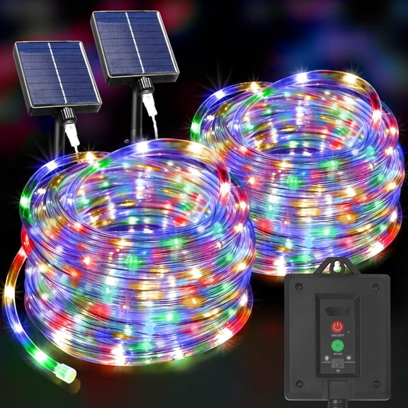 Solar Rope Lights Outdoor 2 Packs Total 600LED 100FT Solar String Light Outside Waterproof with 8 Modes Clear Thin Tube for Pool Patio Garden Fence Camping Yard Deck Trampoline（Multicolor）