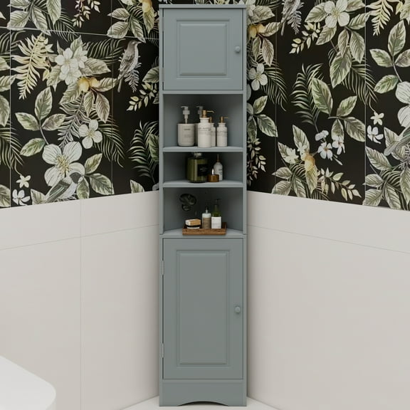 Multi-Functional Corner Cabinet Tall Bathroom Storage Cabinet with Two Doors and Adjustable Shelves, Open Shelf, Grey