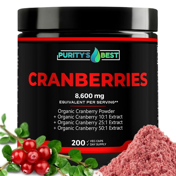 Purity’s Best CRANBERRIES ORGANIC CRANBERRY POWDER   10x Extract   25x Extract   50xExtract Total 8,700 Mg Equivalent Per Capsule, UTI Support, Detoxifying, 200 Veggie Caps / 200 Servings