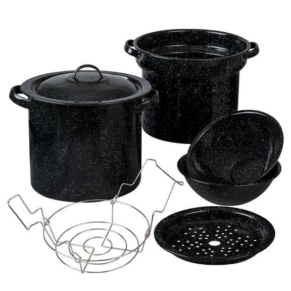 Granite Ware 3 -in-1 Stock Pot - Enameled Steel Pot Ideal for Pasta, Tamales & Canning - Speckled Black Multi Use Pot Set (8 Quarts)