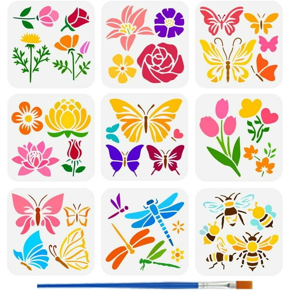 9 Pcs Flowers Painting Stencil with Brush 5.9x5.9inch Butterflies Bees Dragonflies Drawing Template Roses Lilies Tulips DIY Decor Stencil