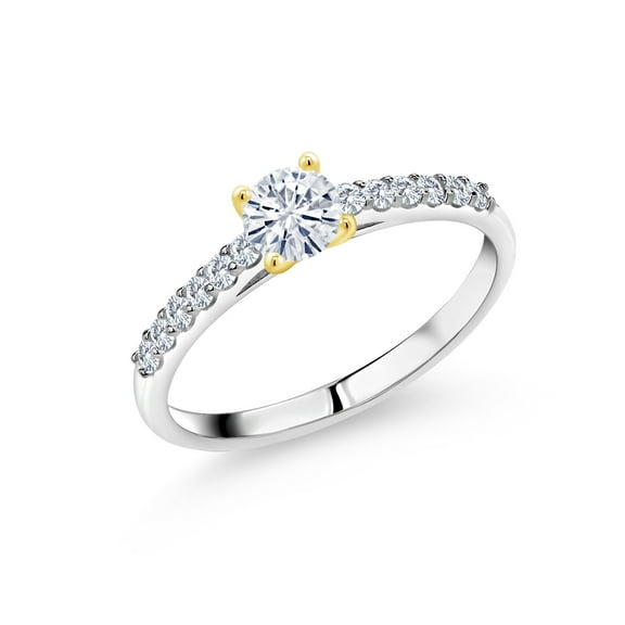 Gem Stone King 925 Silver and 10K Yellow Gold White Moissanite and White Lab Grown Diamond Ring for Women (0.68 Cttw, Gemstone, Round 5MM, Size 9)