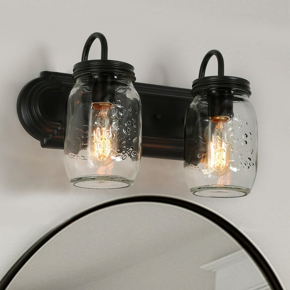 LNC Farmhouse Black 2-Light Bathroom Vanity Light, Wall Sconce with Glass Shade