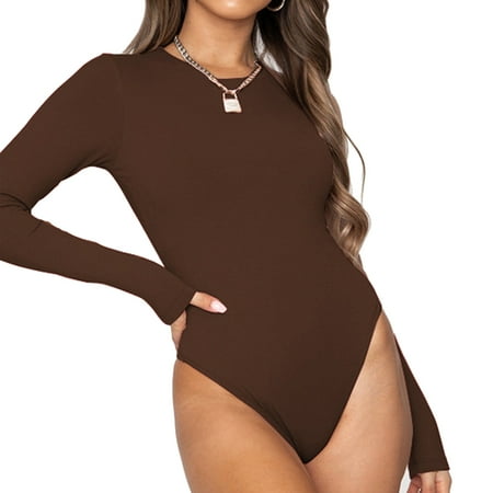 

Women s Crew Neck Long Sleeve Bodysuit Sexy Body Suits Women Tops Clothing Brown L